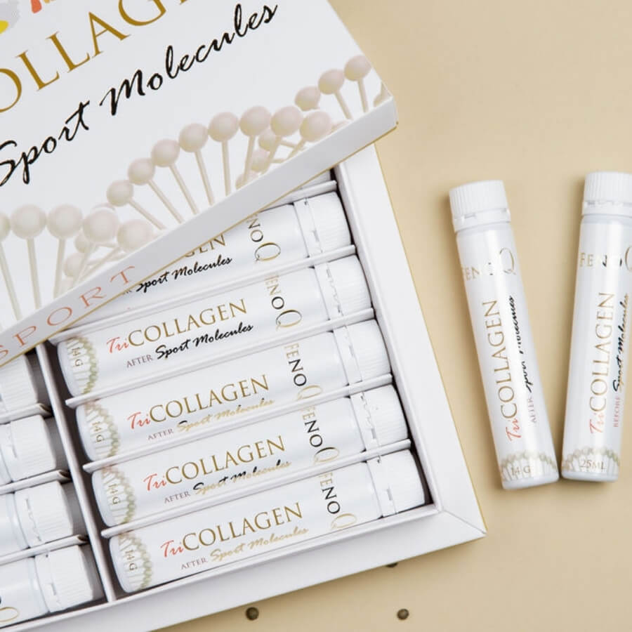 TriCollagen Sport Molecules pakuotes kampas ir buteliukai salia