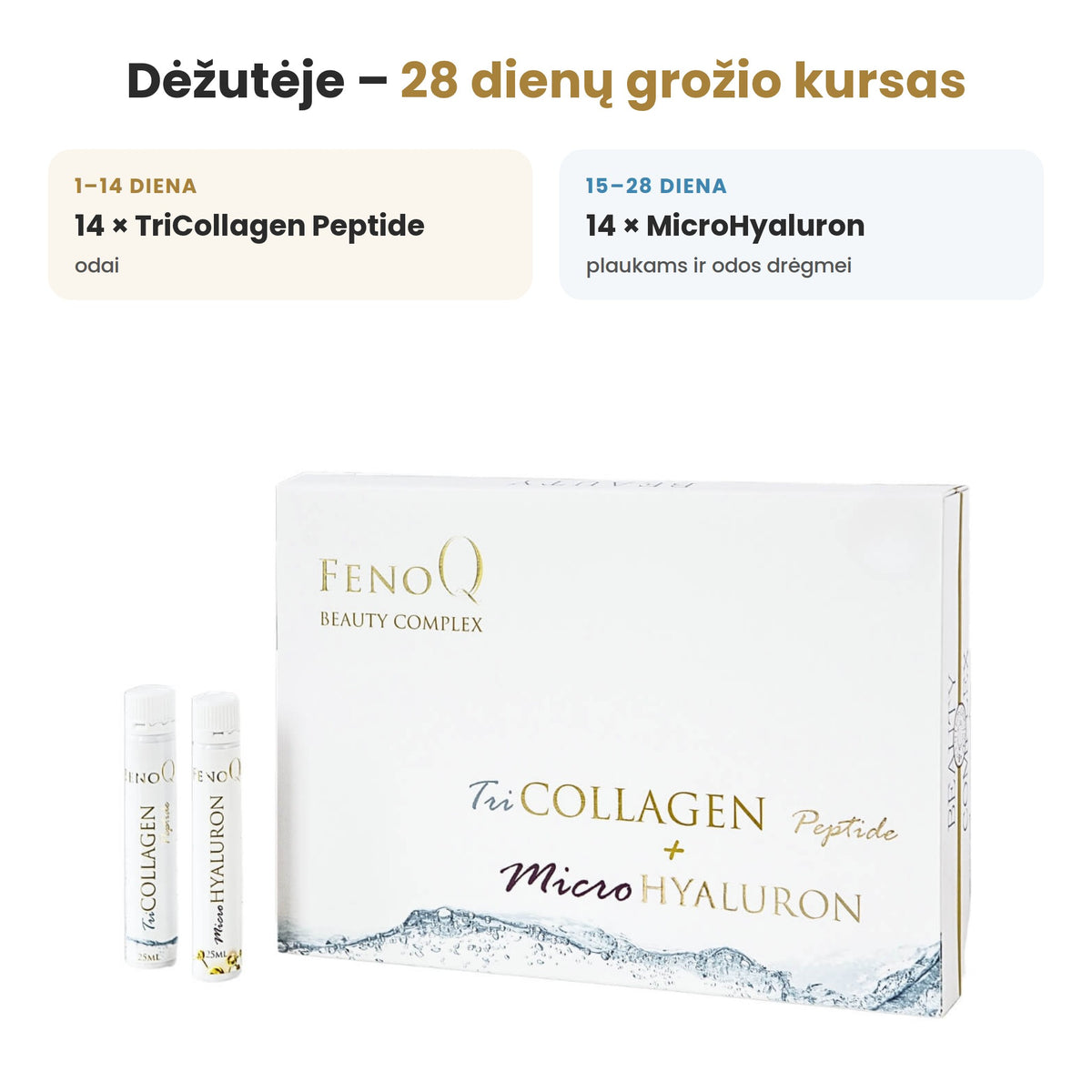 TriCollagen Beauty Complex dėžutėje: 14 TriCollagen Peptide ir 14 MicroHyaluron – 28 dienų grožio kursas