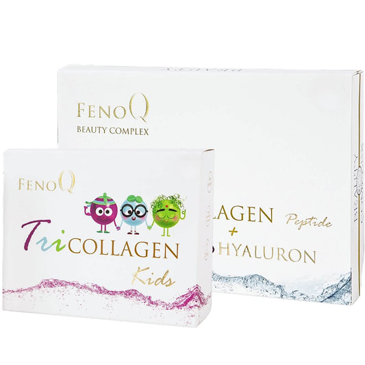 TriCollagen Beauty Complex ir Kids pakuotes baltame fone