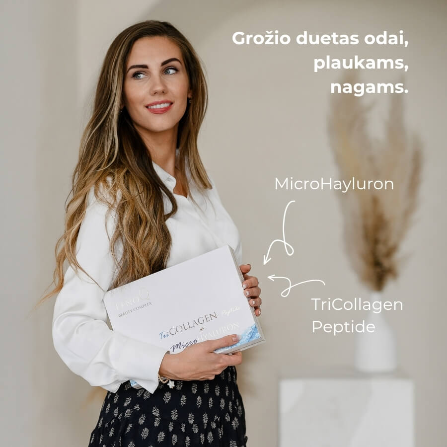 Jauna moteris rankose laiko TriCollagen beauty Complex pakuote