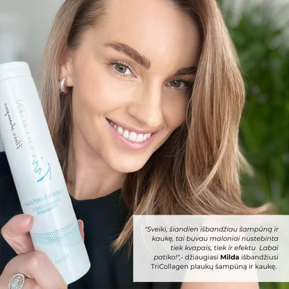 Milda rankose laiko TriCollagen plauku sampuna ir salia parasytas atsiliepimas