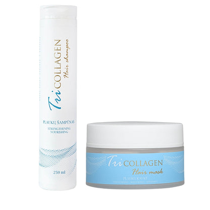 TriCollagen plauku kaukes ir sampuno pakuote baltame fone