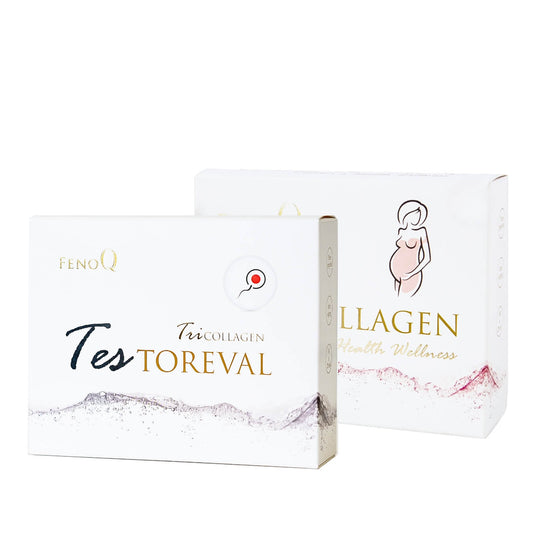 TriCollagen Testoreval ir Mother's Health Wellness pakuotes baltame fone