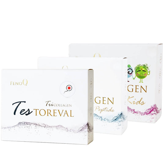 TriCollagen Testoreval ir Peptide ir Kids pakuotes baltame fone