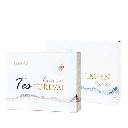TriCollagen Testoreval ir Peptide pakuotes baltame fone