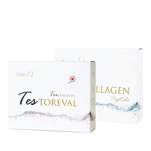 TriCollagen Testoreval ir Peptide pakuotes baltame fone